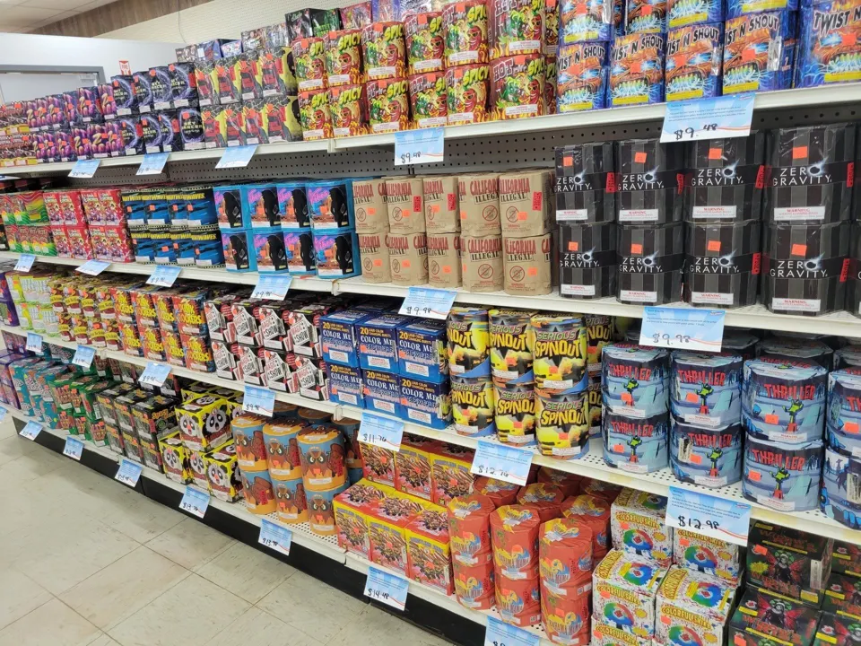 Fireworks selection on shelves inside HOB